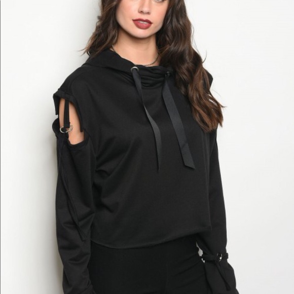 Long sleeve lightweight hooded top w strap details - Picture 3 of 3